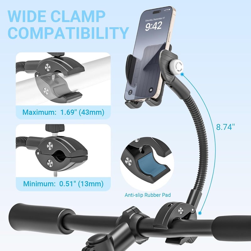 INSSKY Bike Phone Mount, 360° Adjustable Gooseneck Universal Handlebar Phone Holder, Tool-Free Installation for Bicycle Scooter Stroller Wheelchair, Fit for iPhone 16 Pro Max/15/14/13 & 4-7" Phone - Image 2
